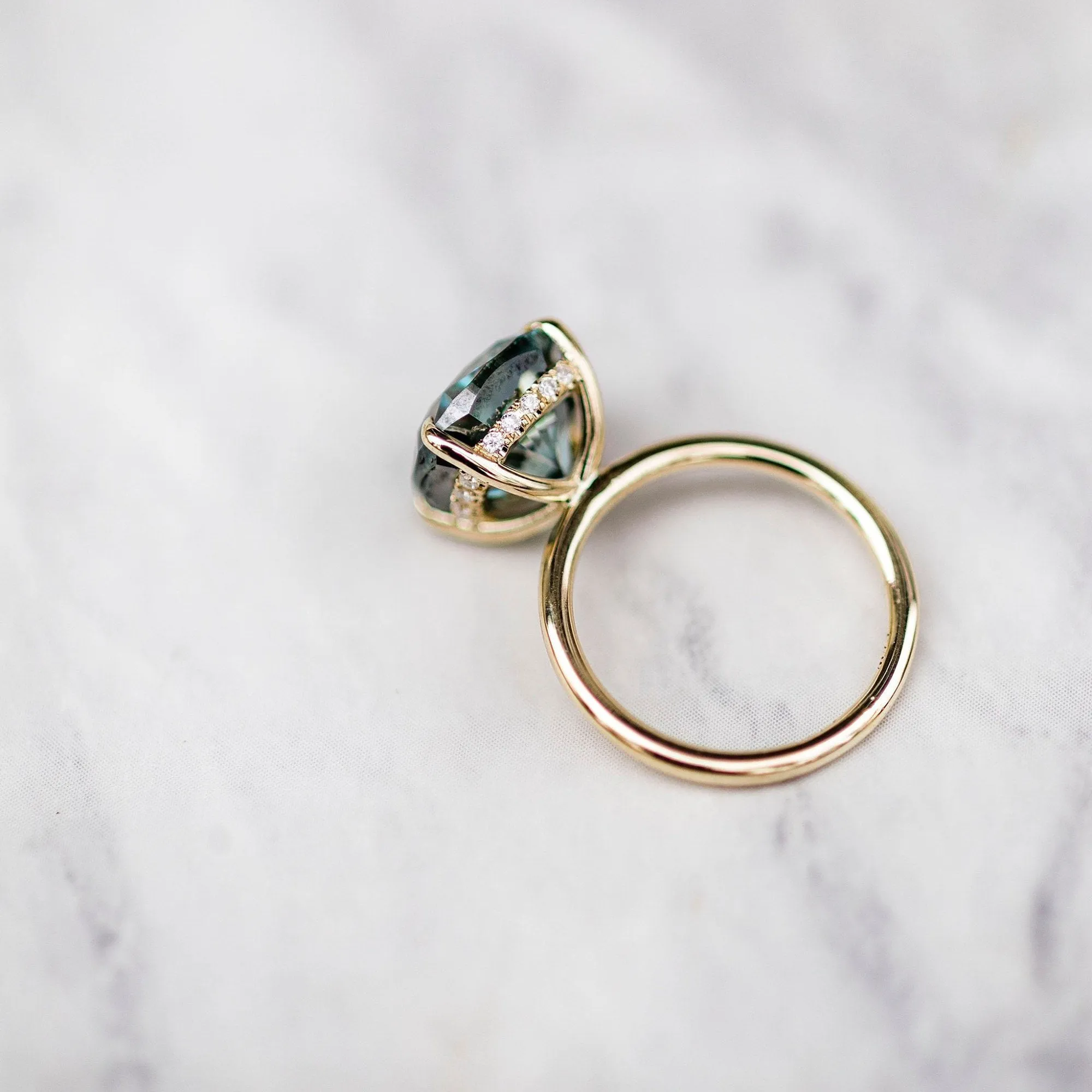 Green Blue Cushion Moissanite Ring Unique Hidden Halo Engagement Ring Gold Wedding Band  anniversary gift  Antique blue moissanite ring