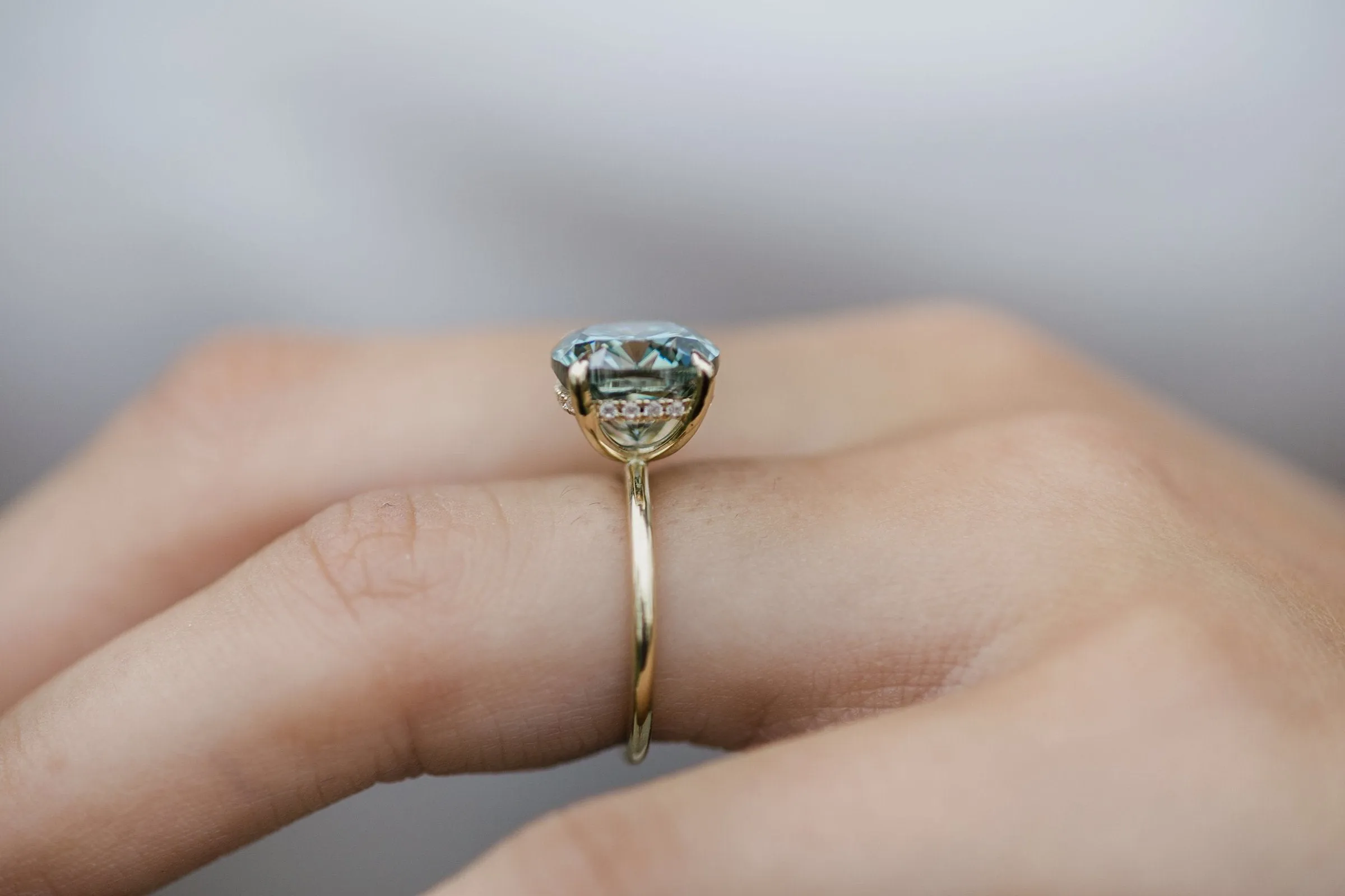 Green Blue Cushion Moissanite Ring Unique Hidden Halo Engagement Ring Gold Wedding Band  anniversary gift  Antique blue moissanite ring