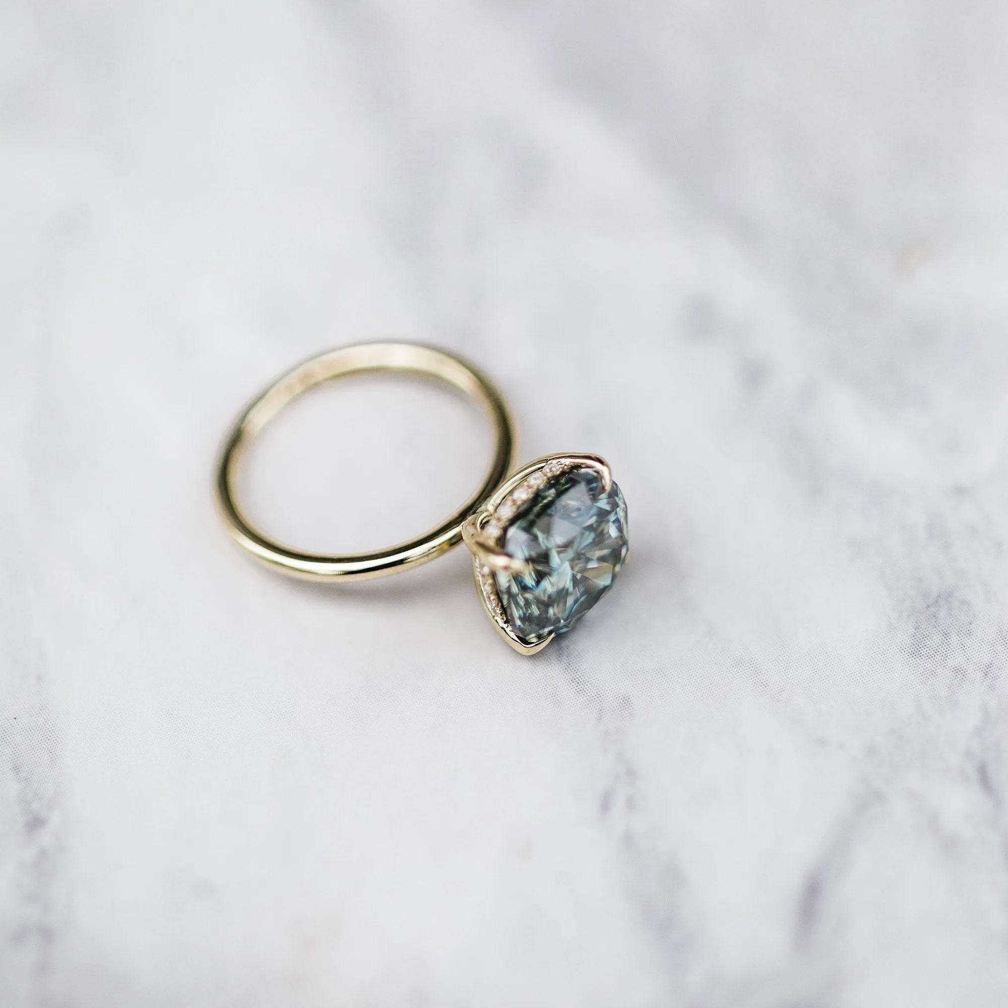 Green Blue Cushion Moissanite Ring Unique Hidden Halo Engagement Ring Gold Wedding Band  anniversary gift  Antique blue moissanite ring