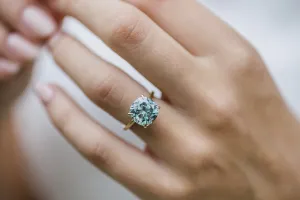 Green Blue Cushion Moissanite Ring Unique Hidden Halo Engagement Ring Gold Wedding Band  anniversary gift  Antique blue moissanite ring