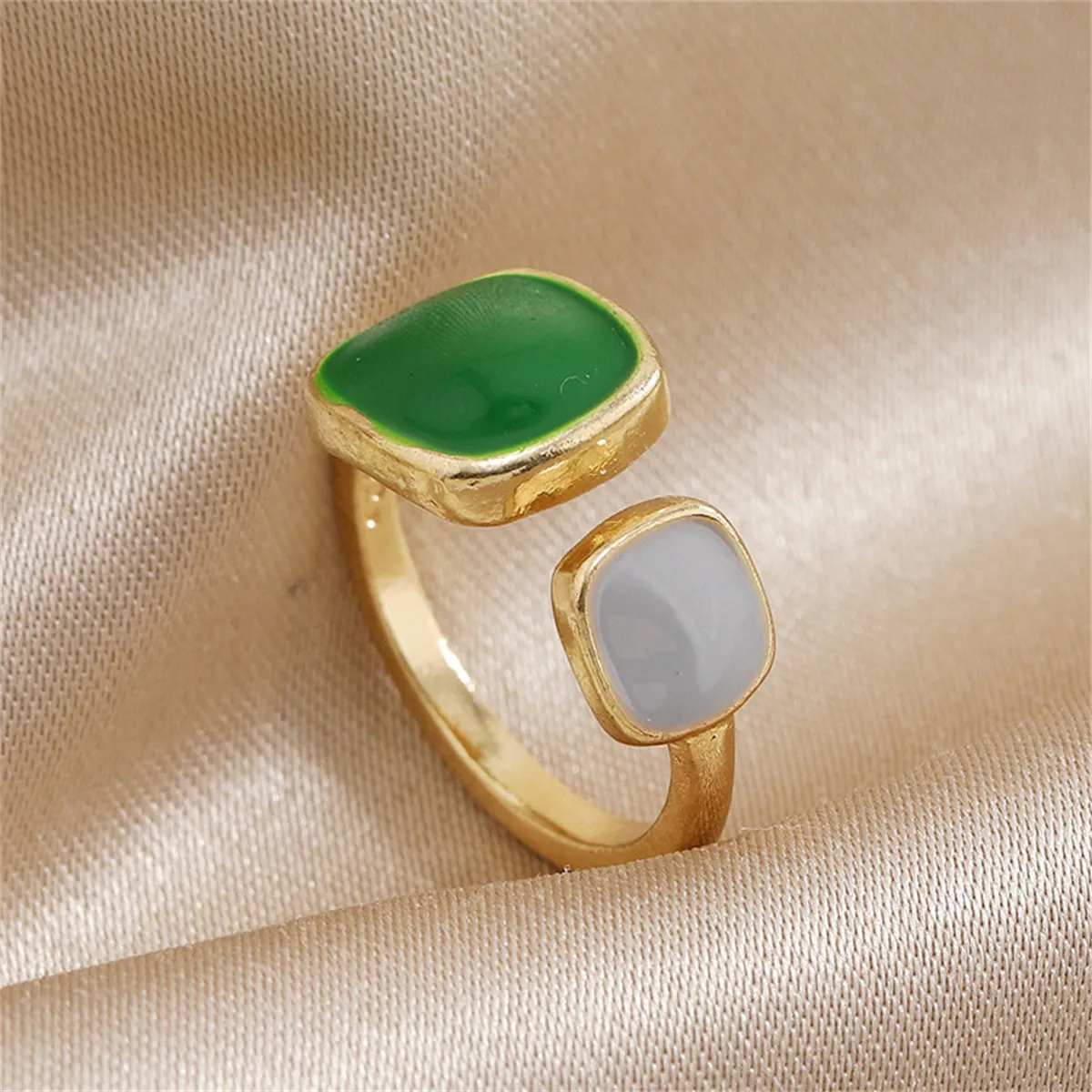 Green Enamel & 18K Gold-Plated Square Bypass Ring