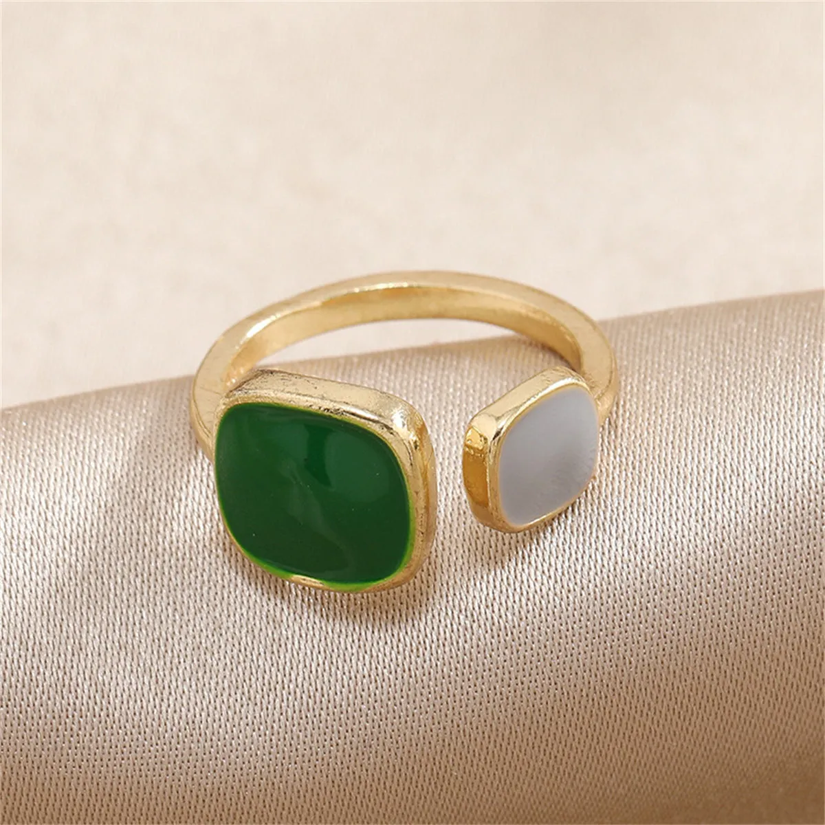 Green Enamel & 18K Gold-Plated Square Bypass Ring