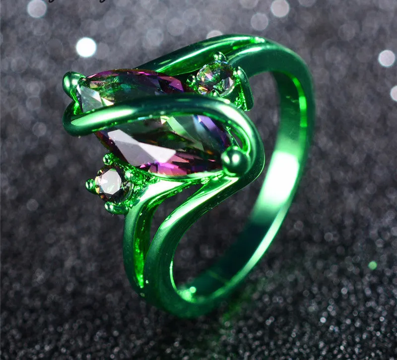 Green Gold Mystic Rainbow Zircon Ring