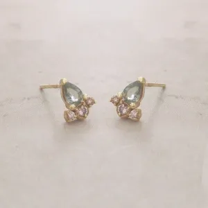 Green Sapphire and diamonds earrings, 14K gold stud earrings, sapphire earrings