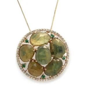 Green Sapphire Slice With Pave Diamonds Flower Design Pendant, 14k Yellow Gold