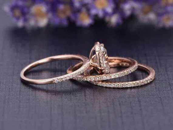 Halo 2 Carat Cushion Cut Moissanite Diamond Trio Engagement Ring Set in 10k Rose Gold on Sale