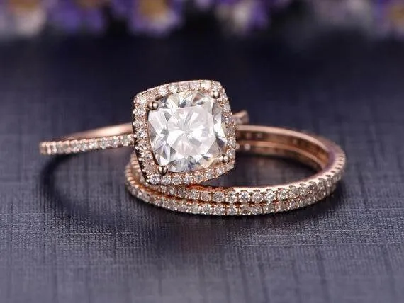 Halo 2 Carat Cushion Cut Moissanite Diamond Trio Engagement Ring Set in 10k Rose Gold on Sale