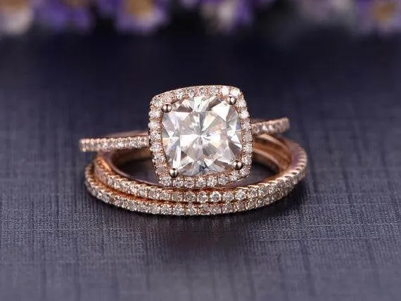 Halo 2 Carat Cushion Cut Moissanite Diamond Trio Engagement Ring Set in 10k Rose Gold on Sale