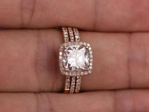 Halo 2 Carat Cushion Cut Moissanite Diamond Trio Engagement Ring Set in 10k Rose Gold on Sale