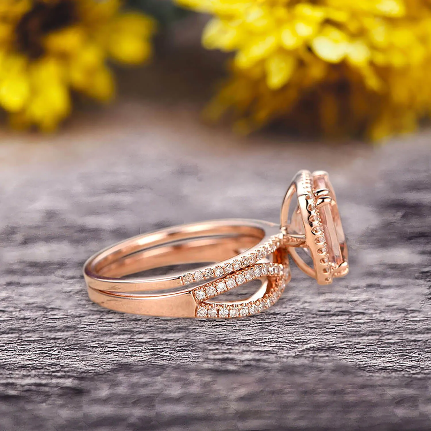 Halo 2 Pcs 10k Rose Gold 1.75 Carat Cushion Cut Morganite Engagement Ring Set Custom Made Flaming Jewelry Twisted Across Matching Band Art Deco Anniversary Ring