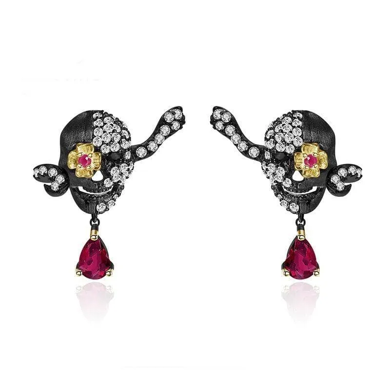 Handmade Skull Stud Earrings With Ruby Gemstone