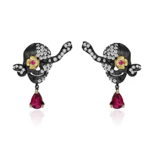Handmade Skull Stud Earrings With Ruby Gemstone