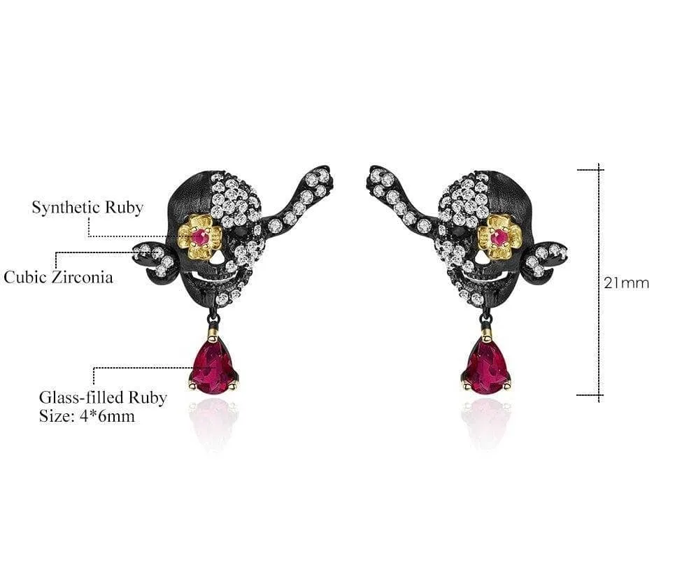 Handmade Skull Stud Earrings With Ruby Gemstone