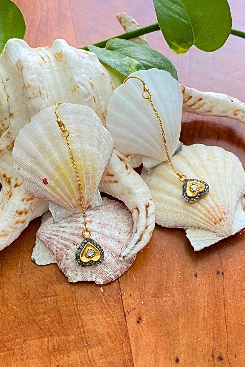 Heart Diamonds and Gold Long Dangle Drop Earrings | Sivalya