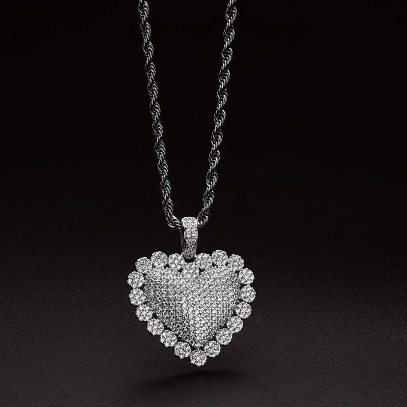 Heart Shaped Luxury Hip Hop Created Diamond Rope Chain Pendant Necklace