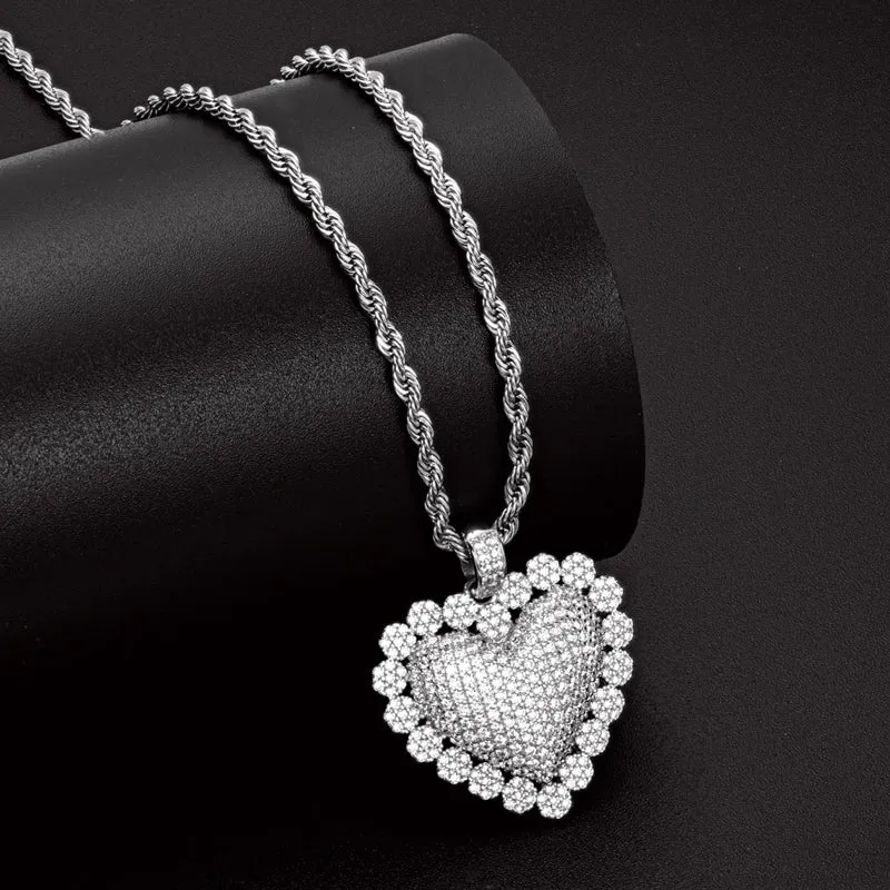Heart Shaped Luxury Hip Hop Created Diamond Rope Chain Pendant Necklace