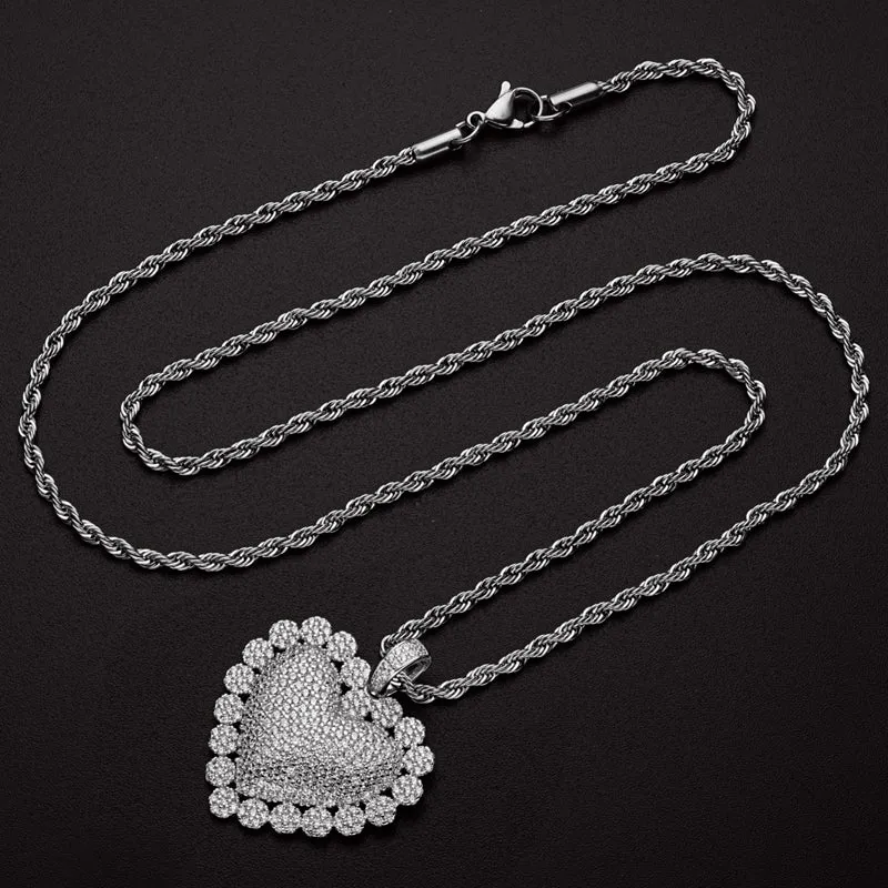 Heart Shaped Luxury Hip Hop Created Diamond Rope Chain Pendant Necklace