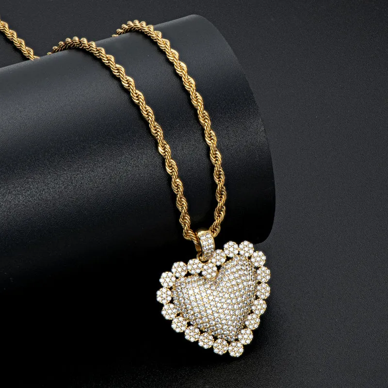 Heart Shaped Luxury Hip Hop Created Diamond Rope Chain Pendant Necklace