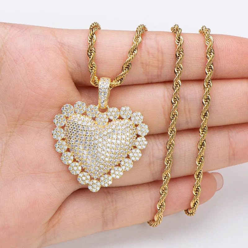 Heart Shaped Luxury Hip Hop Created Diamond Rope Chain Pendant Necklace