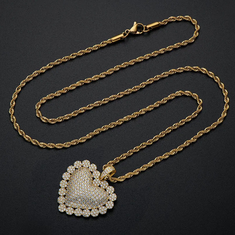 Heart Shaped Luxury Hip Hop Created Diamond Rope Chain Pendant Necklace