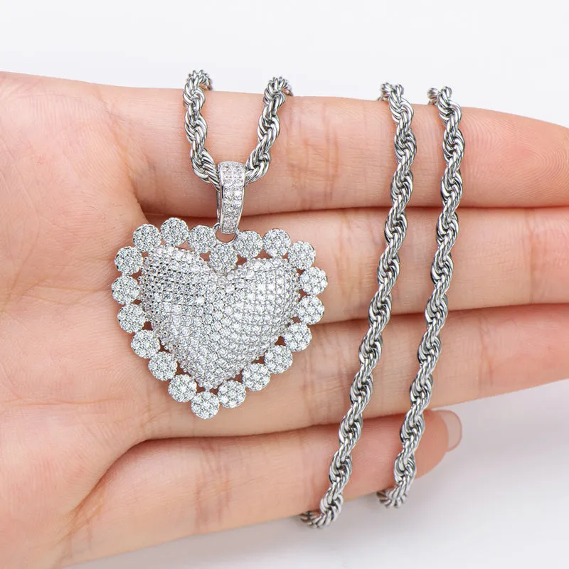 Heart Shaped Luxury Hip Hop Created Diamond Rope Chain Pendant Necklace