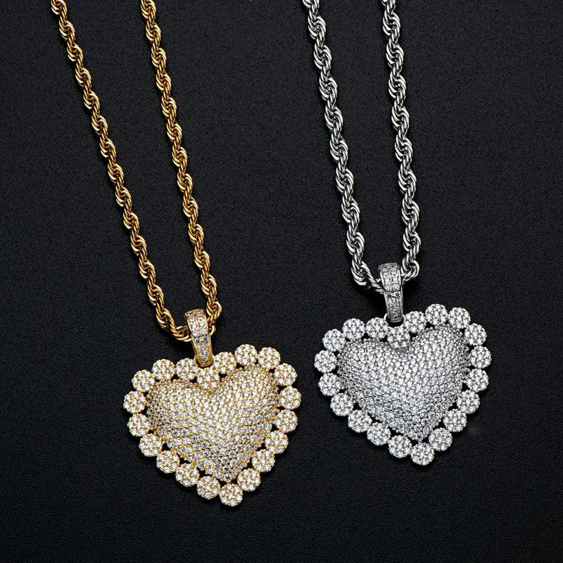 Heart Shaped Luxury Hip Hop Created Diamond Rope Chain Pendant Necklace
