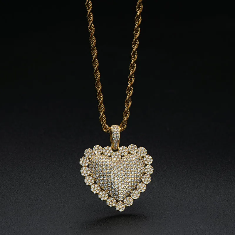 Heart Shaped Luxury Hip Hop Created Diamond Rope Chain Pendant Necklace