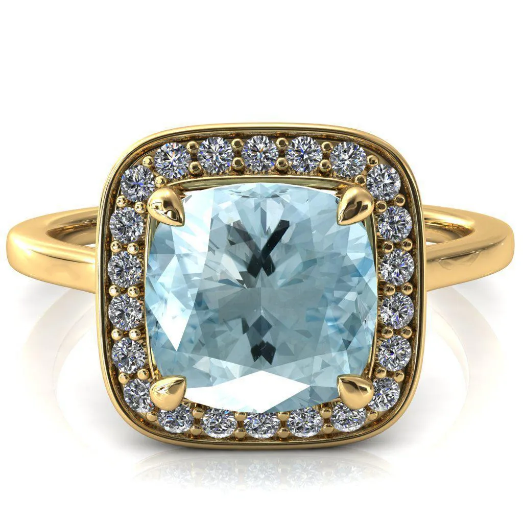 Holly Cushion Aqua Blue Spinel 4 Prong Pinpoint Floating Halo Scalloped Cathedral Ring