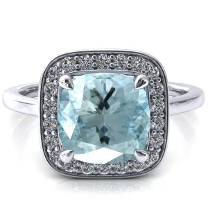 Holly Cushion Aqua Blue Spinel 4 Prong Pinpoint Floating Halo Scalloped Cathedral Ring