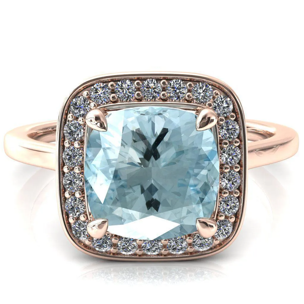 Holly Cushion Aqua Blue Spinel 4 Prong Pinpoint Floating Halo Scalloped Cathedral Ring