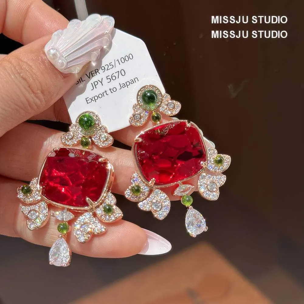 Honeycomb Ruby Rhinestone Studded Statement Earrings