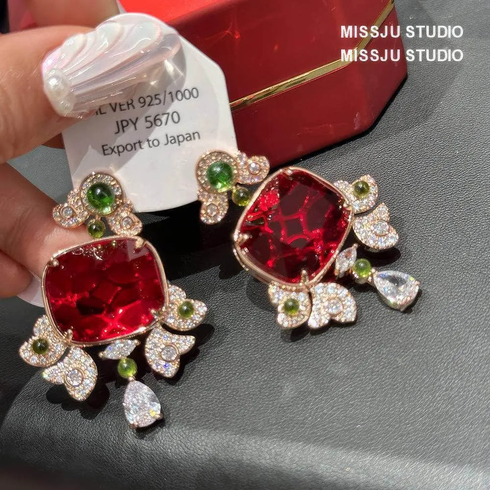 Honeycomb Ruby Rhinestone Studded Statement Earrings