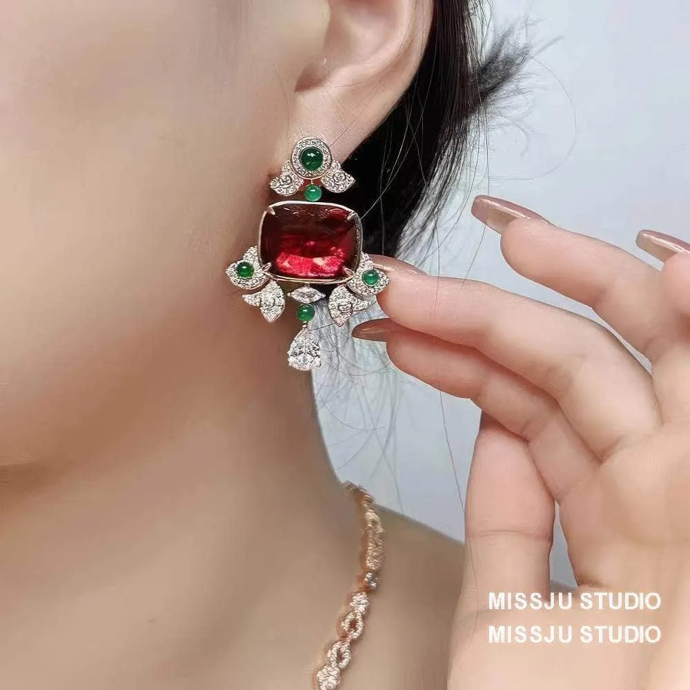 Honeycomb Ruby Rhinestone Studded Statement Earrings