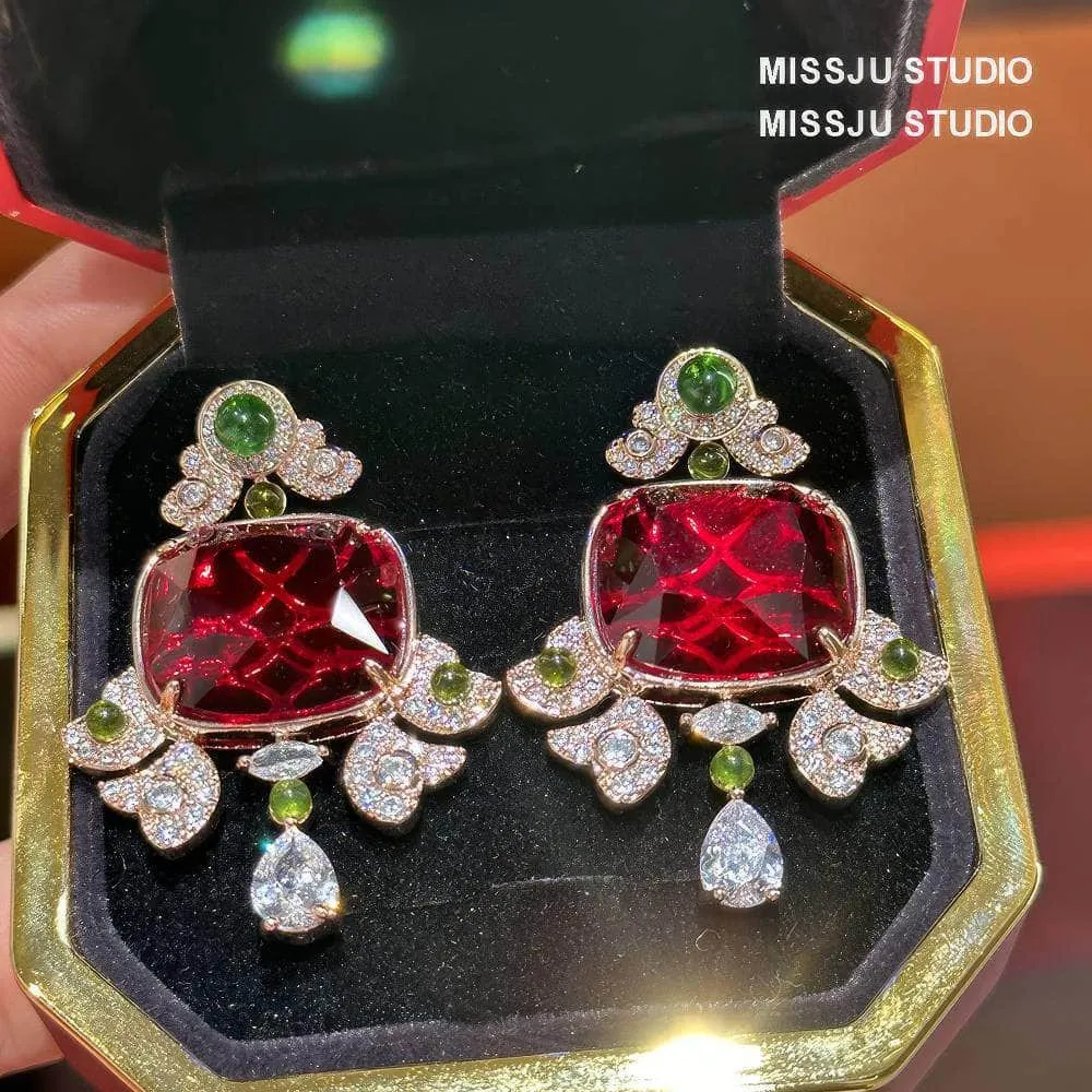 Honeycomb Ruby Rhinestone Studded Statement Earrings