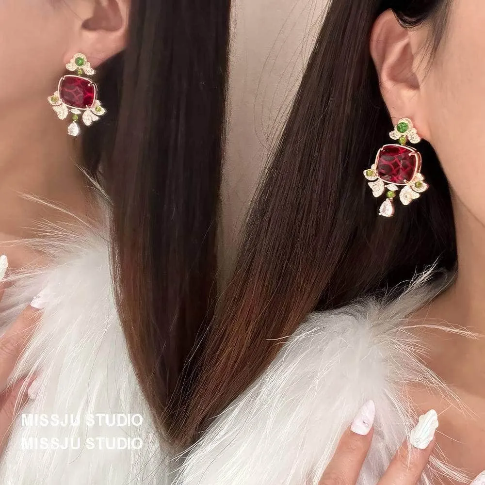 Honeycomb Ruby Rhinestone Studded Statement Earrings