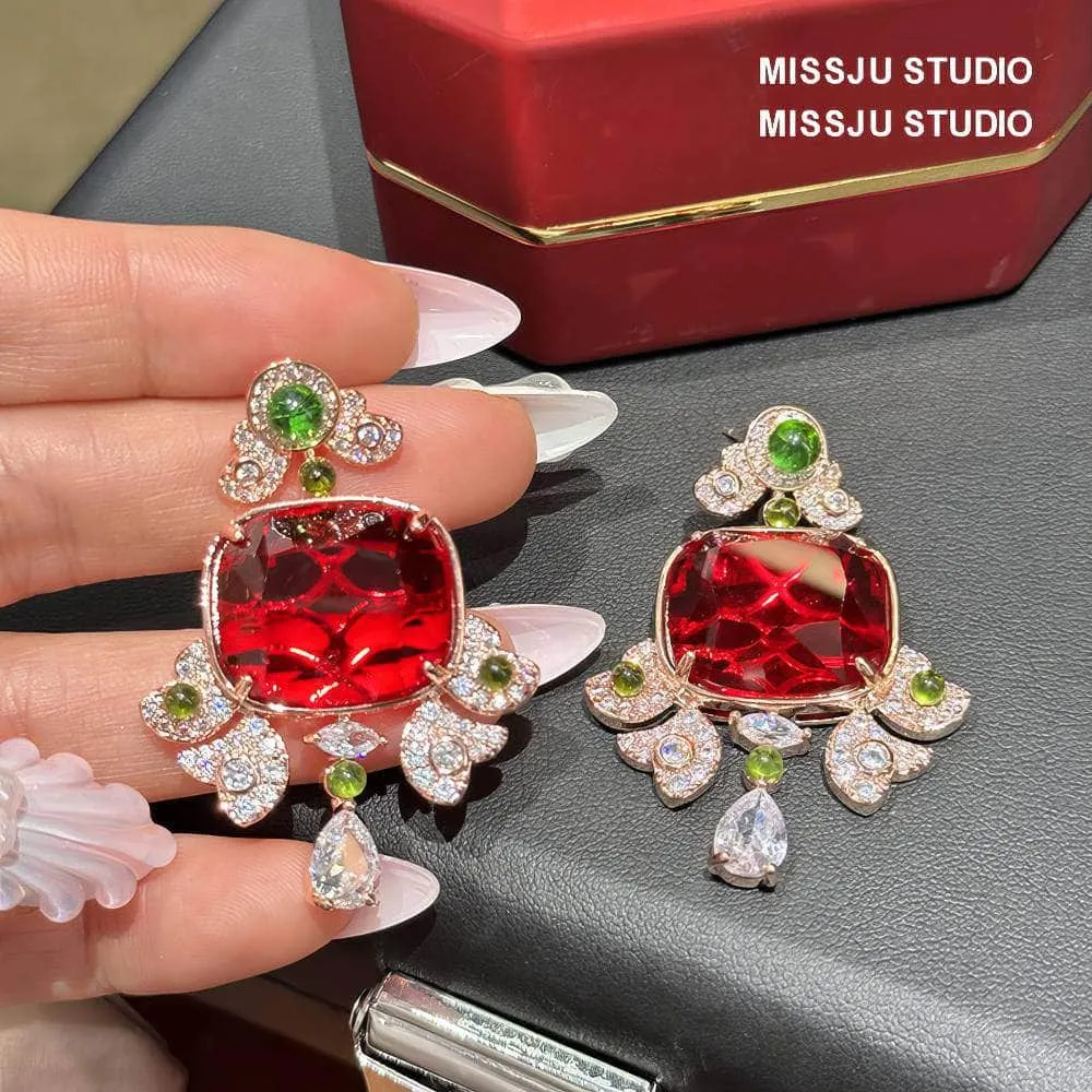 Honeycomb Ruby Rhinestone Studded Statement Earrings