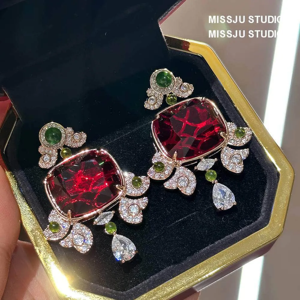 Honeycomb Ruby Rhinestone Studded Statement Earrings