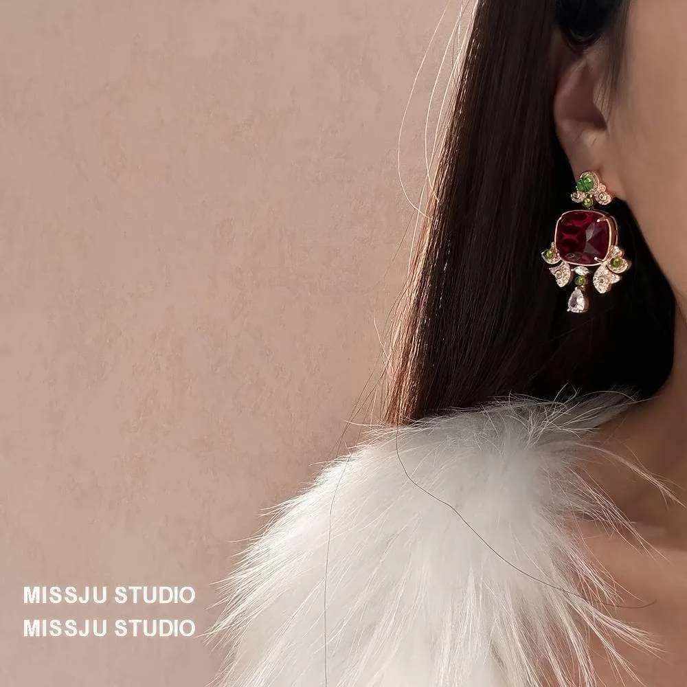Honeycomb Ruby Rhinestone Studded Statement Earrings