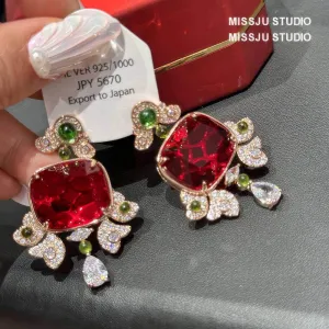 Honeycomb Ruby Rhinestone Studded Statement Earrings