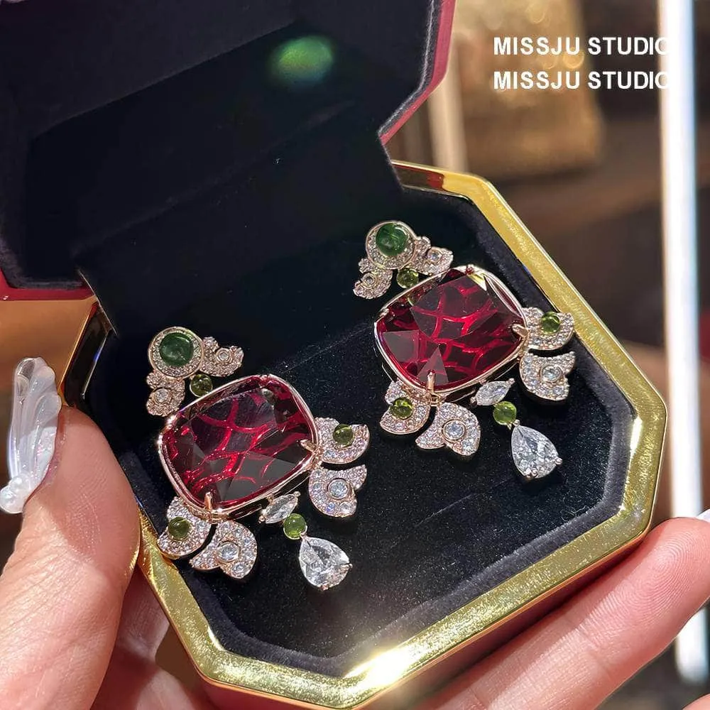 Honeycomb Ruby Rhinestone Studded Statement Earrings
