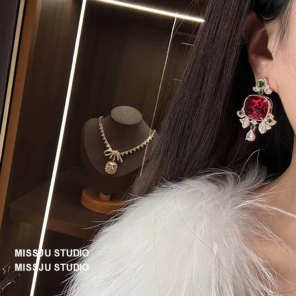 Honeycomb Ruby Rhinestone Studded Statement Earrings