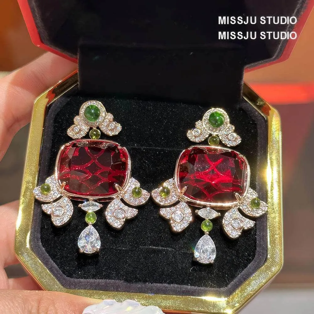 Honeycomb Ruby Rhinestone Studded Statement Earrings