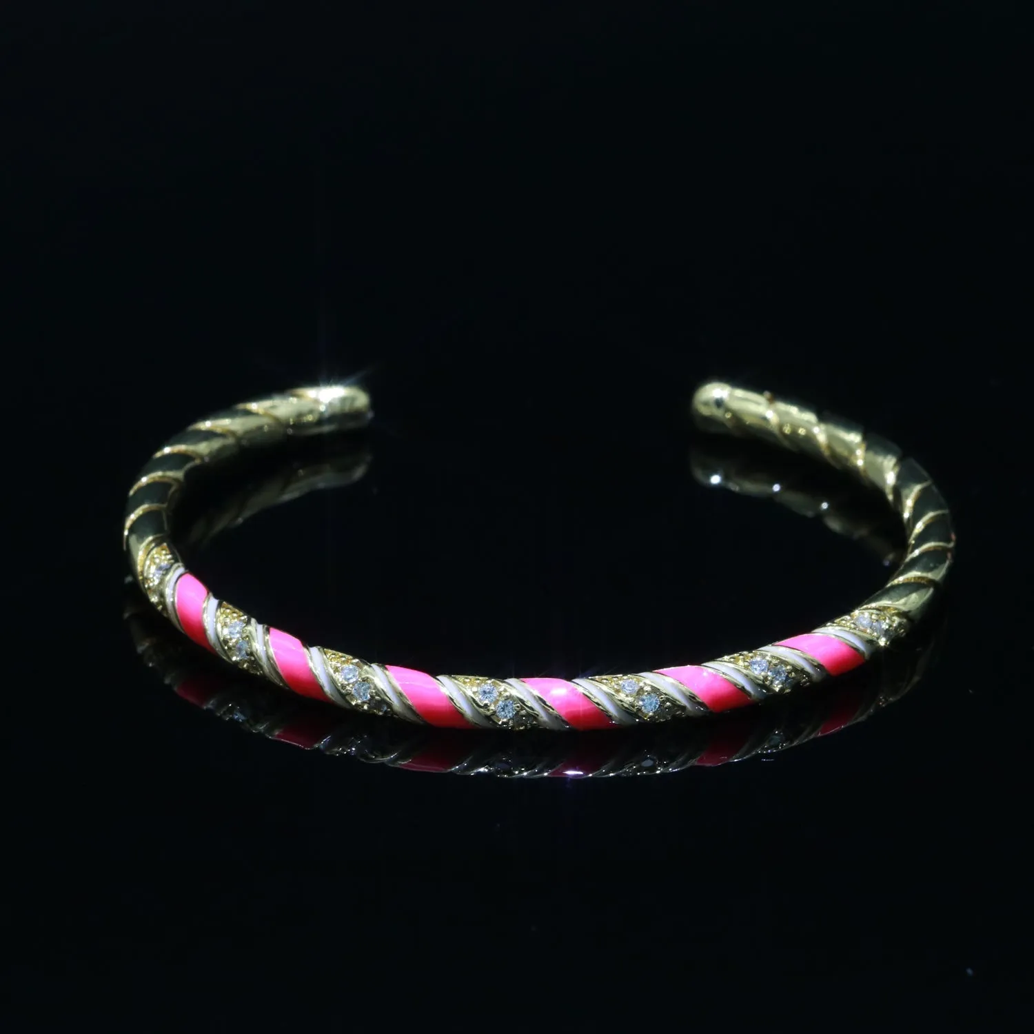 Hot Pink Enamel Geometric Swirl Gold Filled Bangle Open Adjustable Bracelet Vintage Style Inspired