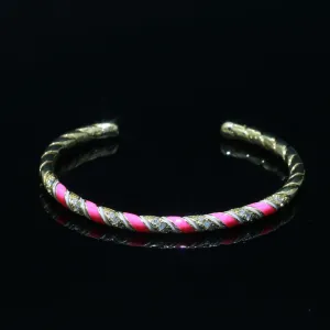Hot Pink Enamel Geometric Swirl Gold Filled Bangle Open Adjustable Bracelet Vintage Style Inspired