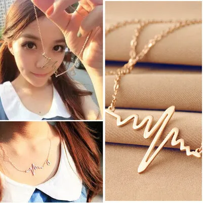 Hot Simple Wave Heart Necklace Chic ECG Heartbeat Gold Colour Pendant Charm Lightning Chocker Necklace for Women Vintage Jewelry