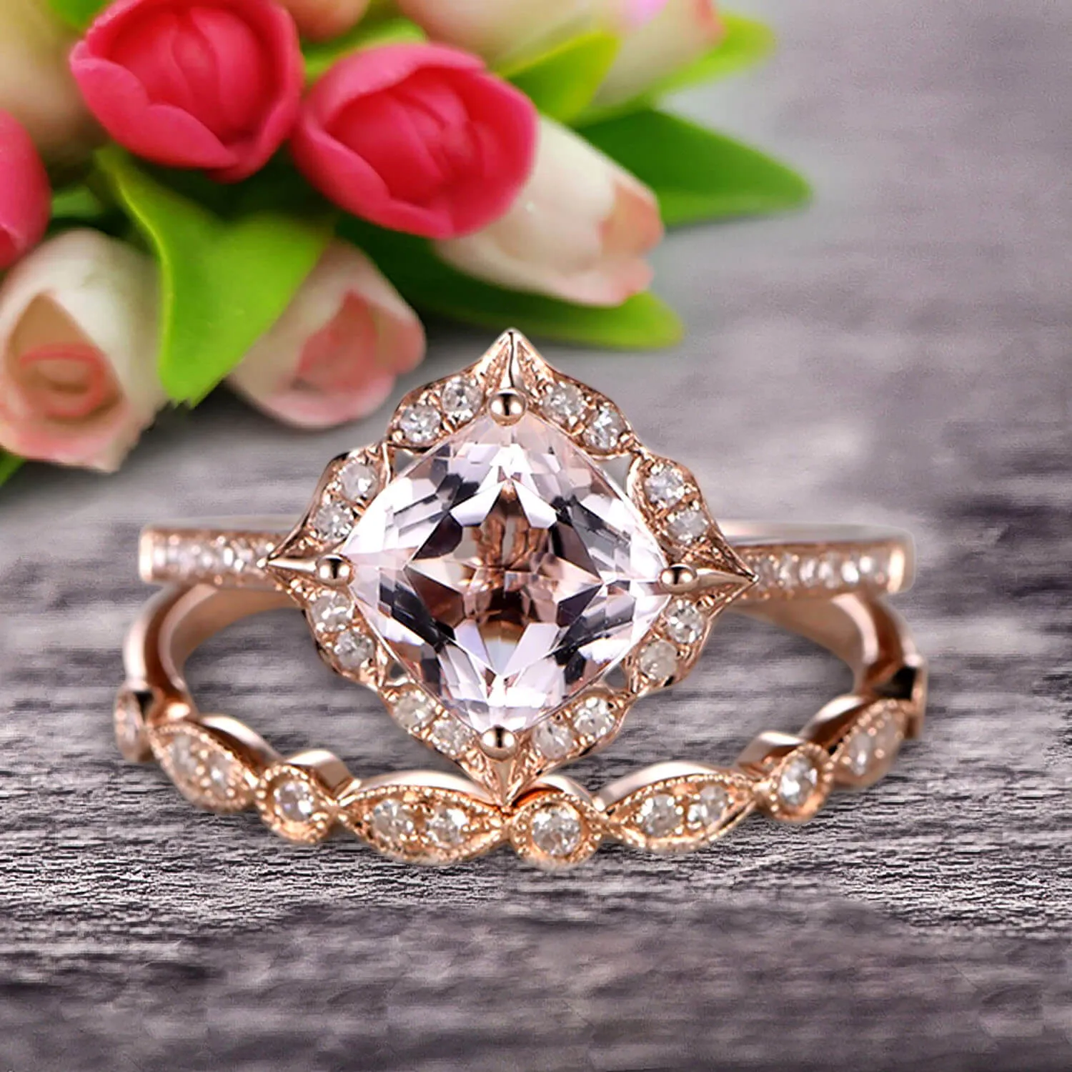 Imaginative Bridal Set Cushion Cut 1.75 Carat Morganite Wedding Set Engagement Ring 10k Rose Gold Retro Vintage Floral Marquise Matching Band