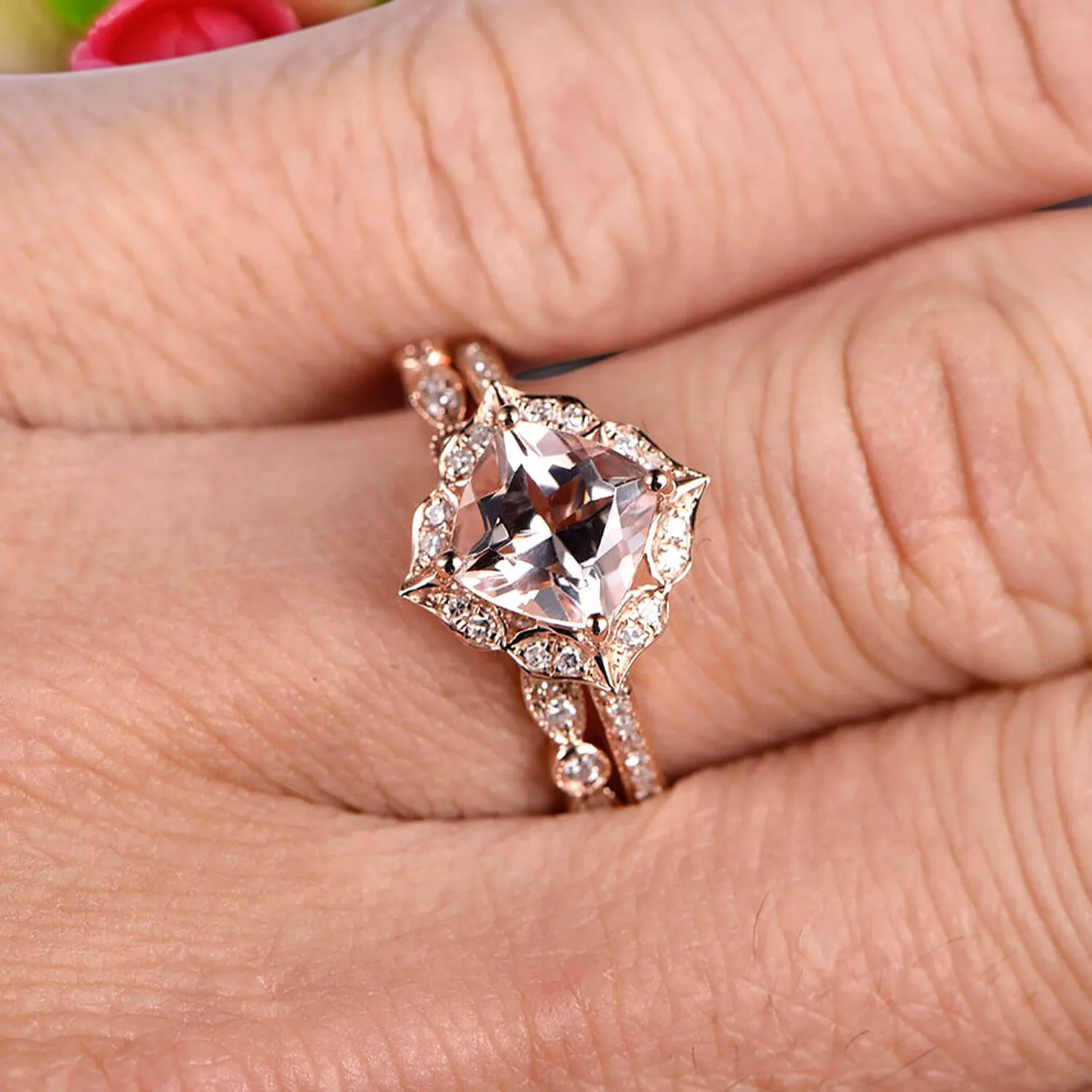 Imaginative Bridal Set Cushion Cut 1.75 Carat Morganite Wedding Set Engagement Ring 10k Rose Gold Retro Vintage Floral Marquise Matching Band