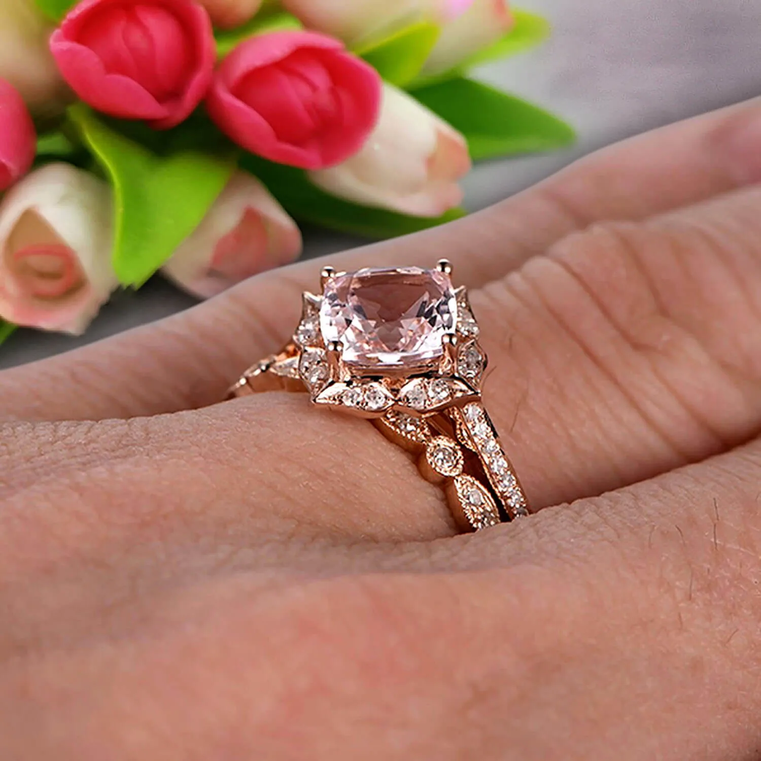 Imaginative Bridal Set Cushion Cut 1.75 Carat Morganite Wedding Set Engagement Ring 10k Rose Gold Retro Vintage Floral Marquise Matching Band
