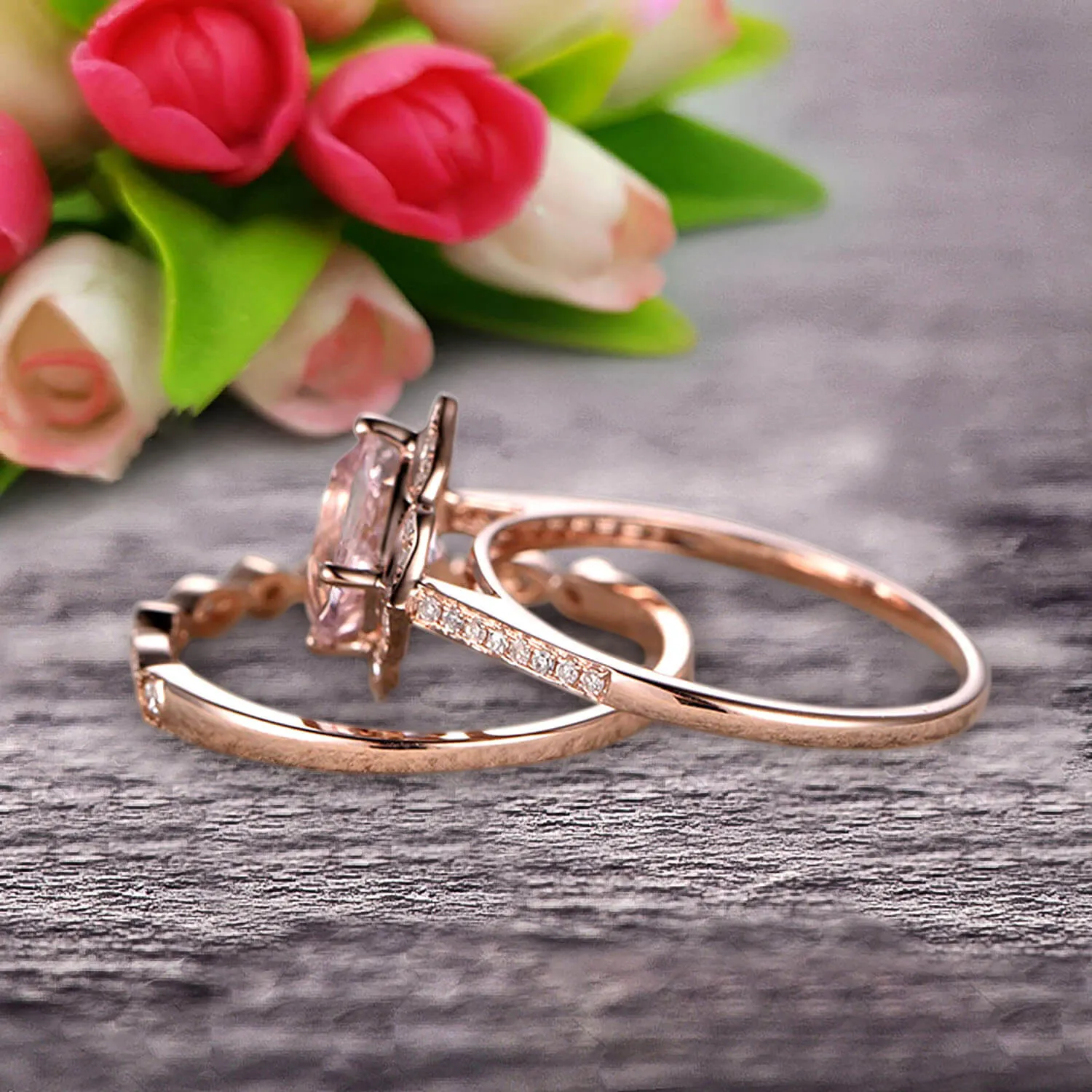 Imaginative Bridal Set Cushion Cut 1.75 Carat Morganite Wedding Set Engagement Ring 10k Rose Gold Retro Vintage Floral Marquise Matching Band
