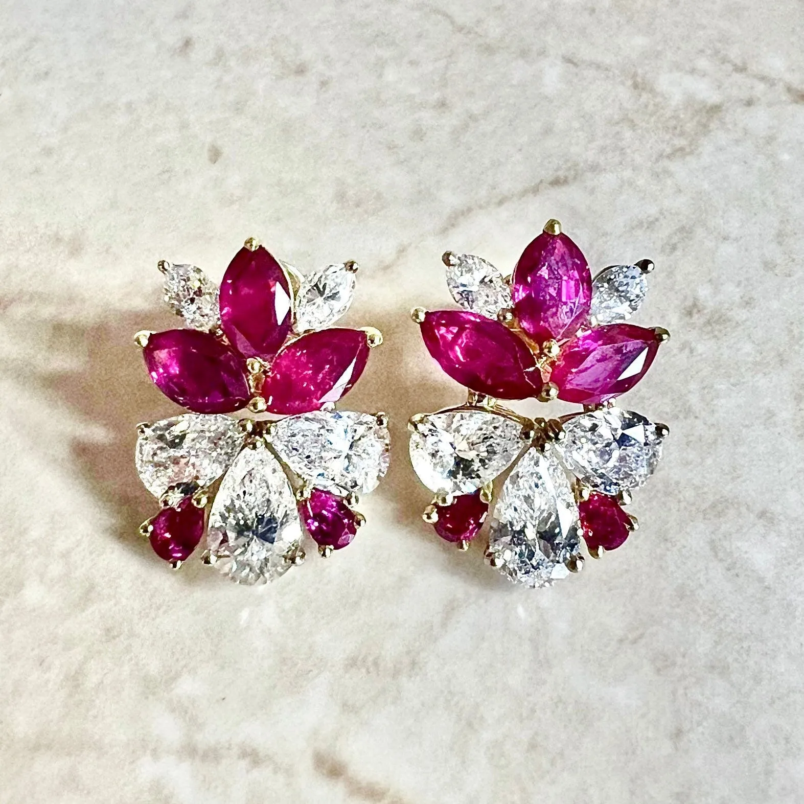 Important Handcrafted 18 Karat Yellow Gold Untreated Burmese Ruby & Diamond Earrings By Carvin French